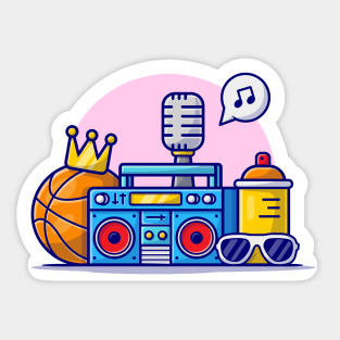 Hip Hop Music with Basketball, Boombox, Glasses, Crown and Microphone Cartoon Vector Icon Illustration Sticker